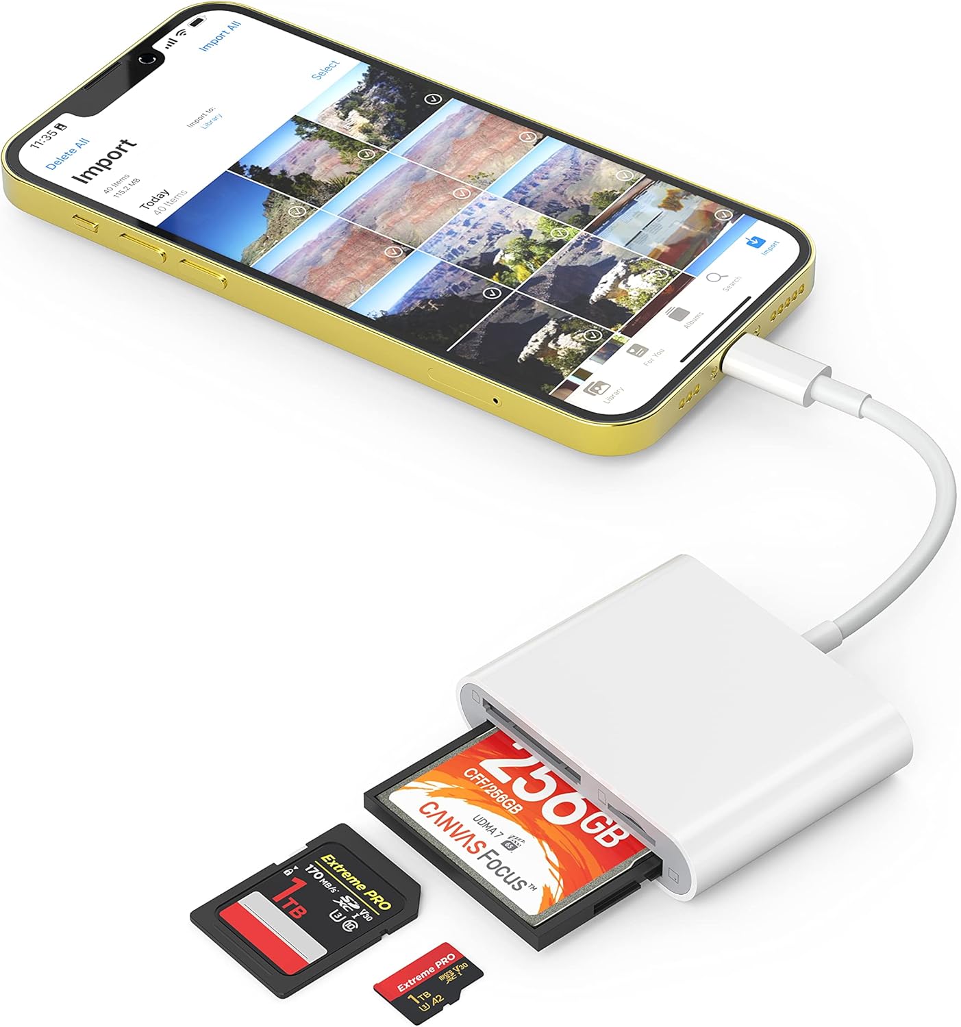 CF SD Card Reader for iPhone iPad, 3 in 1 Compact Flash Memory Card Reader Adapter, 3-Slot MicroSD CF SD Trail Game Digital Camera Viewer for iPhone 14/14 Pro/13/13 Pro No App Required