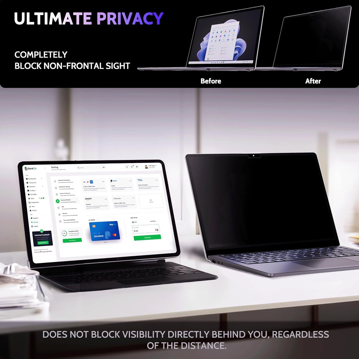 Privacy Screen for 15 Inch Surface Laptop 7, MagicSuction™ Removable Anti Spy Black Protector, Glare Blue Light Filter for Microsoft Laptop Computer Monitor