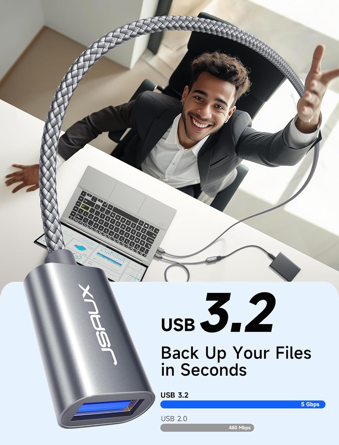 JSAUX USB 3.0 Extension Cable 0.5M, USB A Male to Female Extension Cord Durable Braided Material Fast Data Transfer Compatible with USB Keyboard, Flash Drive, Hard Drive, Xbox-Grey