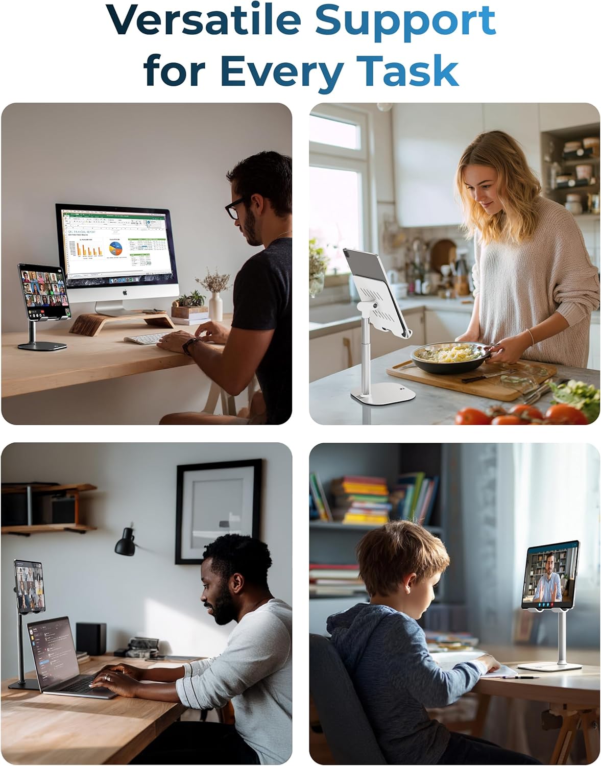 COOPER TabHolder, 7-10" Height Adjustable Tablet Stand, Premium iPad Stand for Desk, 270° Tilt Portable Monitor Holder for 15.6-17" Displays, for All iPad, Kindle, Surface, Samsung Tablets (White)