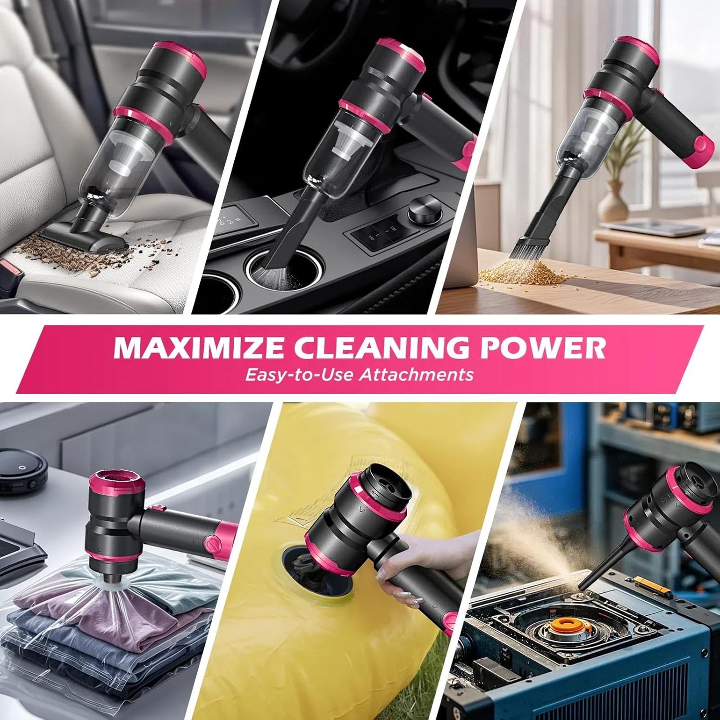 Handheld Car Vacuum with 15000PA Power, 4 in 1 Small Powerful Cordless Vacuum Cleaner & Air Duster with 2000mAh Battery, Rechargeable Portable Mini Hand Held Vacuum for Car, Home,Office,Pet Hair（Pink）