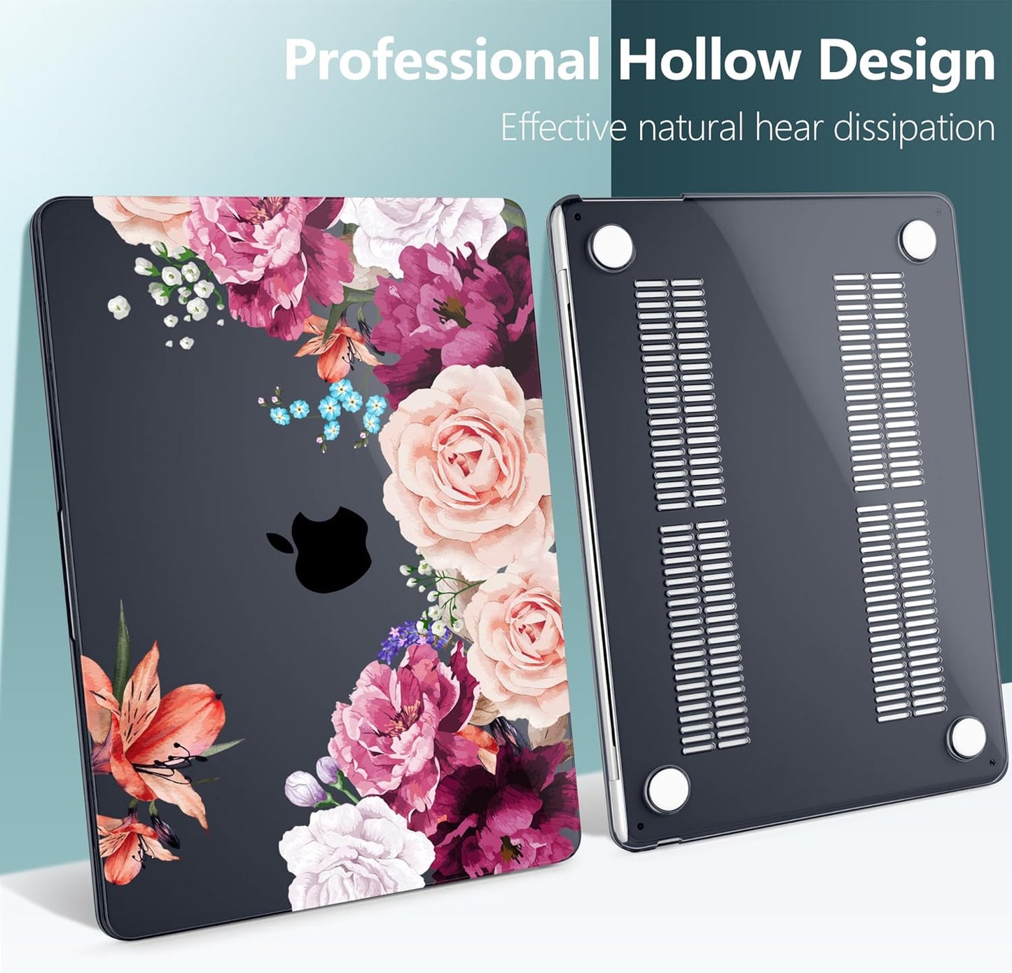 TWOLSKOO for M4 MacBook Air 13.6 inch Case 2025-2022 Release M4 A3240 M3 A3113 M2 A2681, Plastic Hard Shell & Screen Protector & Keyboard Cover & Trackpad Film, Black Peony