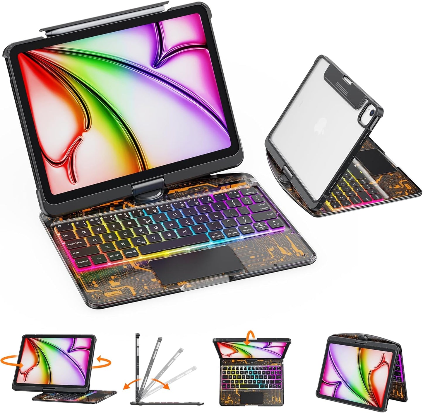 GUSGU Transparent Case with Wireless Keyboard for iPad 11th Gen 11-in.(A16, 2025), 2022 iPad 10th Gen 10.9-in, 7 Colors Backlight, Trackpad, 360°Rotating Stand, Tech Style