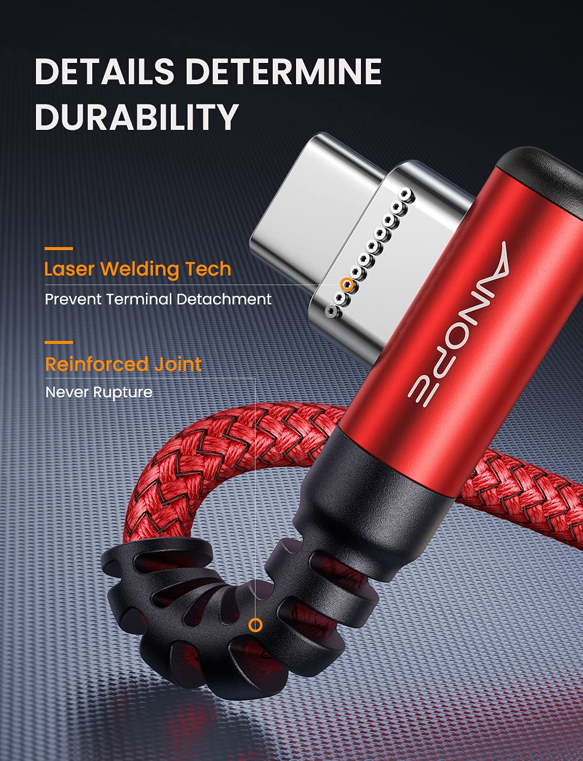 AINOPE USB Type C Cable 3.1A Fast Charger (2-Pack, 10ft+10ft) Right Angle USB A to USB C Cable, Resistant Nylon Braided USB C Charger Cable (Red)
