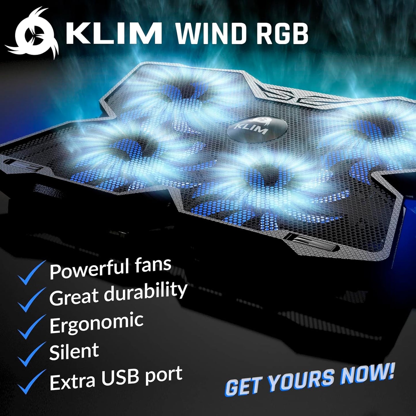 KLIM Wind Laptop Cooling Pad - More Than 500 000 Units Sold - New Version - The Most Powerful Rapid Action Cooling Fan - Laptop Stand with 4 Cooling Fans at 1200 RPM - USB Fan - PS5 PS4 - RGB
