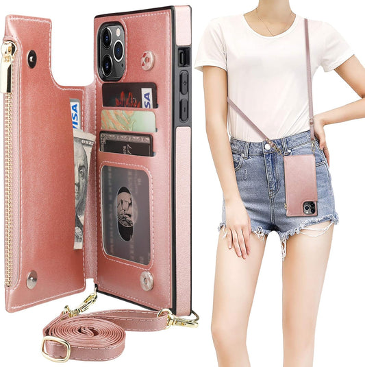 Bocasal Crossbody Wallet Case for iPhone 11 Pro Max with Card Holder,Zipper Card Slot Protector Shockproof Purse Cover with Removable Cross Body Strap 6.5 Inch(Rose Gold)