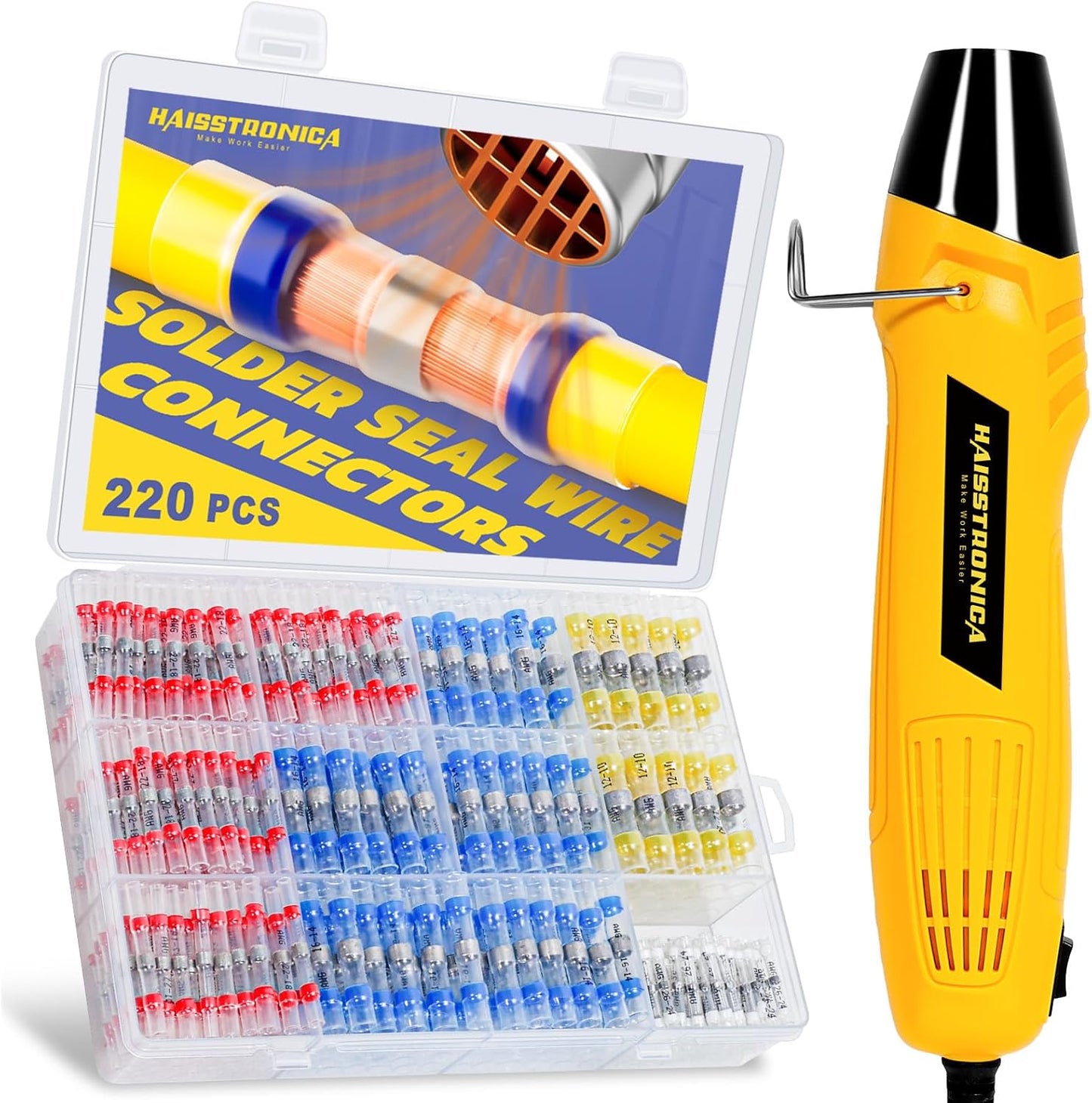 haisstronica 220 PCS Solder Seal Wire Connectors with Heat Gun Kit - Solder Sticks Wire Terminals Waterproof Electrical Connectors for Automotive, Marine, Wiring Repair