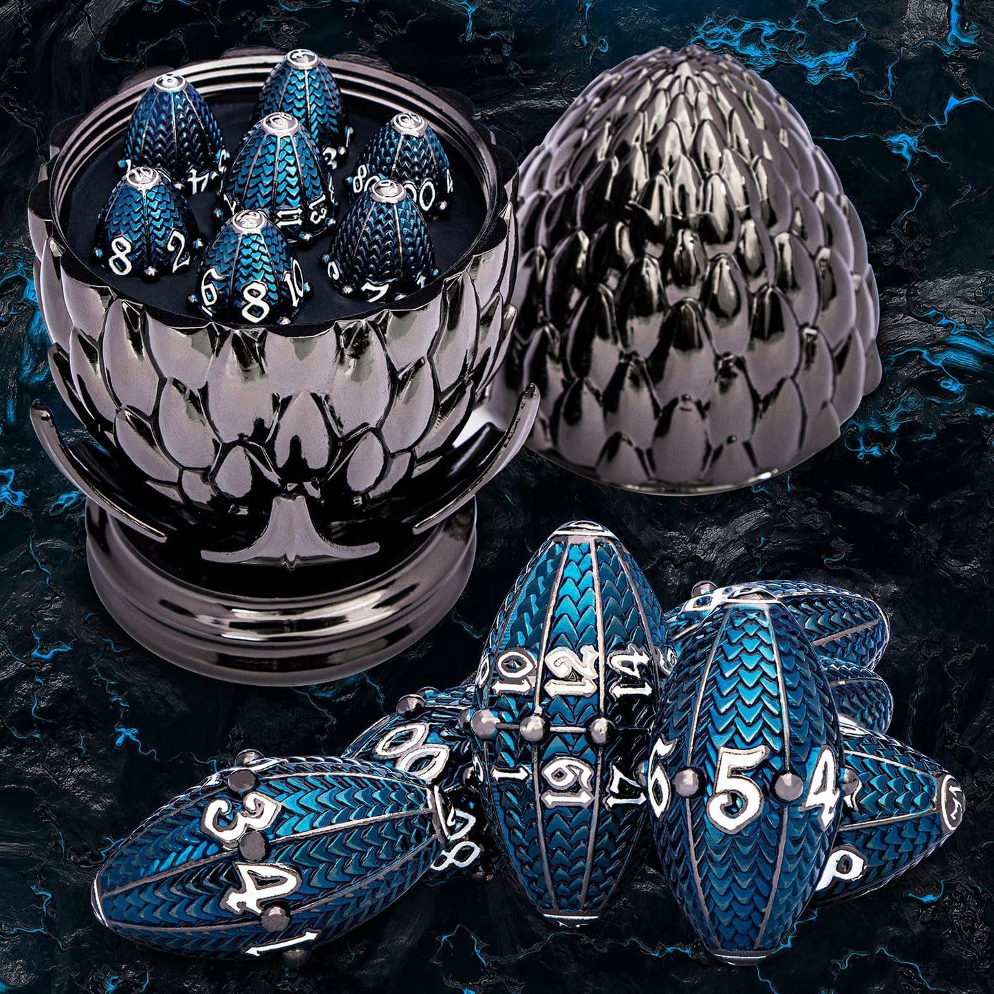 ARUOHHA DND Metal Dice Black Blue Dragons Egg Dice with Rotating Dragon Egg Shell, Compatible with D&D RPG Role Playing Game, Dungeons Polyhedral D and D Dice Set D20 D12 D10 D8 D6 D4