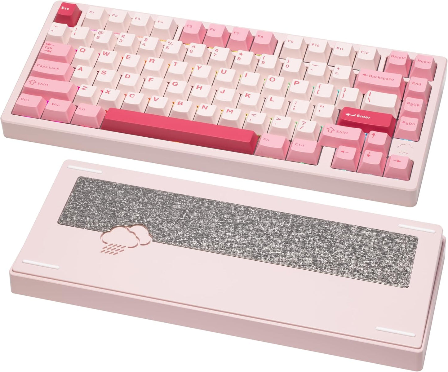 KEEBMONKEY WOBKEY Rainy 75 CNC Aluminum HMX/JWK/Cocoa Switches Triple-Mode Connectivity Mechanical Keyboard with Superior Acoustics, RGB/FR4/Silver SUS304/7000mAh/Cocoa Switch (Pro - Pink)