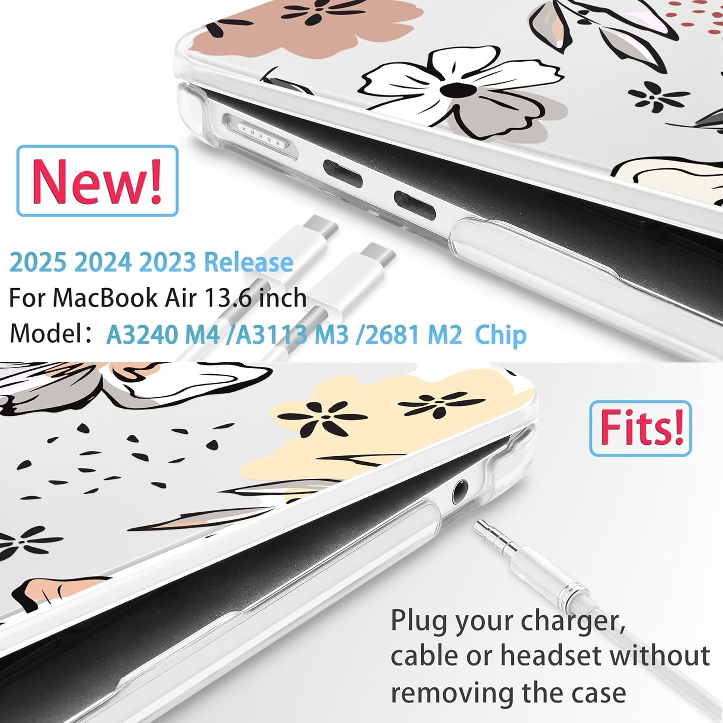 Mektron for 2025 M4 MacBook Air 13.6 Inch A3240 Case Fits 2023 A2681 M2 2024 A3113 M3 Chip with Liquid Retina Display Touch ID, Printed Plastic Hard Shell Cover for MacBook Air 13.6", Floral C383