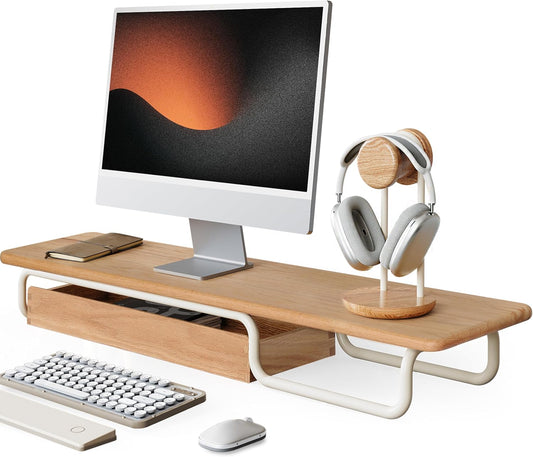 Fenge Dual Monitor Riser, 37 Inch Monitor Stand for Desk, Solid Wood Desk Shelf with Large Drawer Organizer, No Assembly Computer Stand for PC, Laptop, Printer, TV