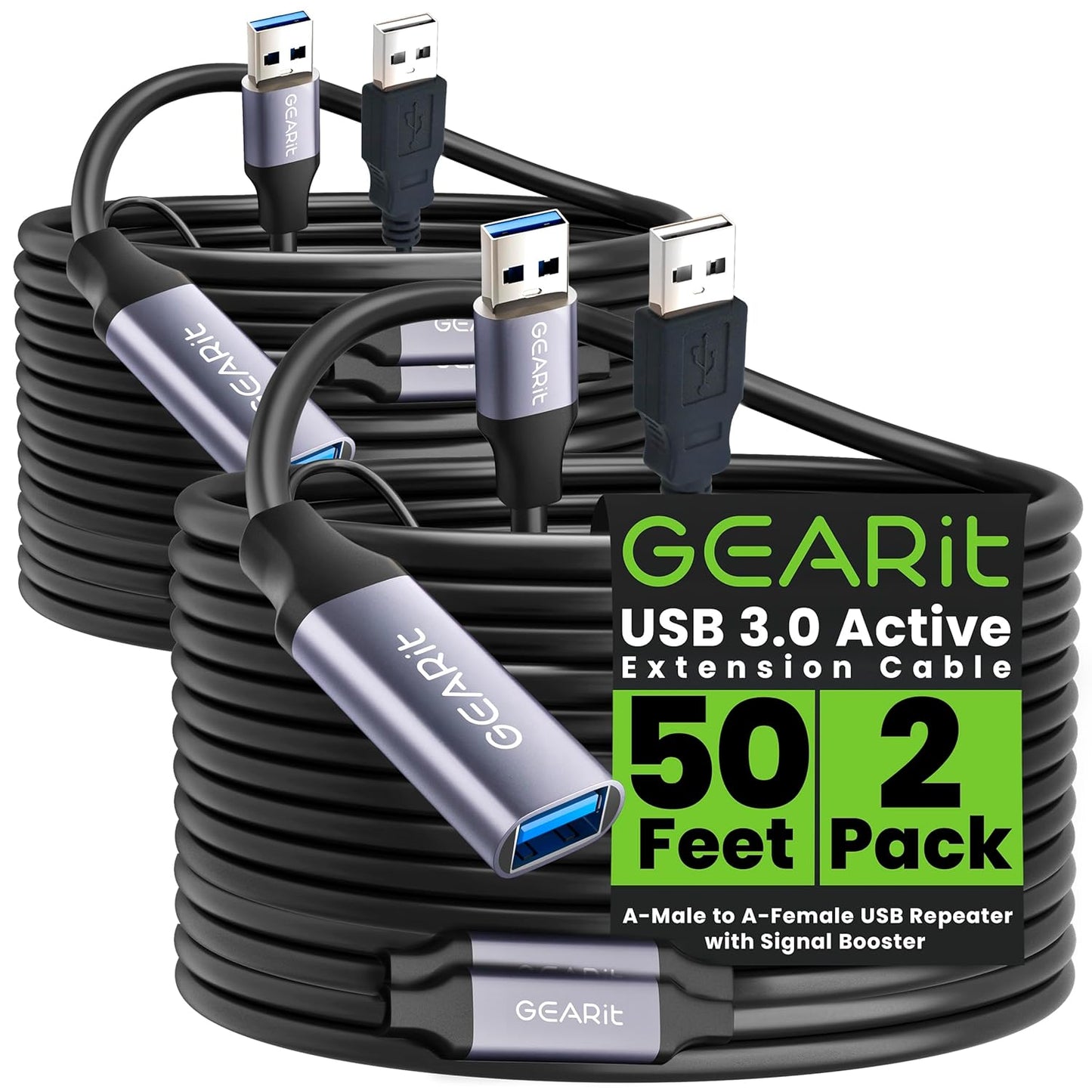 GearIT USB 3.0 Active Extension Cable (2 Pack - 50 Feet) A-Male to A-Female USB Repeater with Signal Booster for Oculus Rift, Quest Link, Xbox 360 Kinect, PlayStation, Printer, Webcam - 50ft