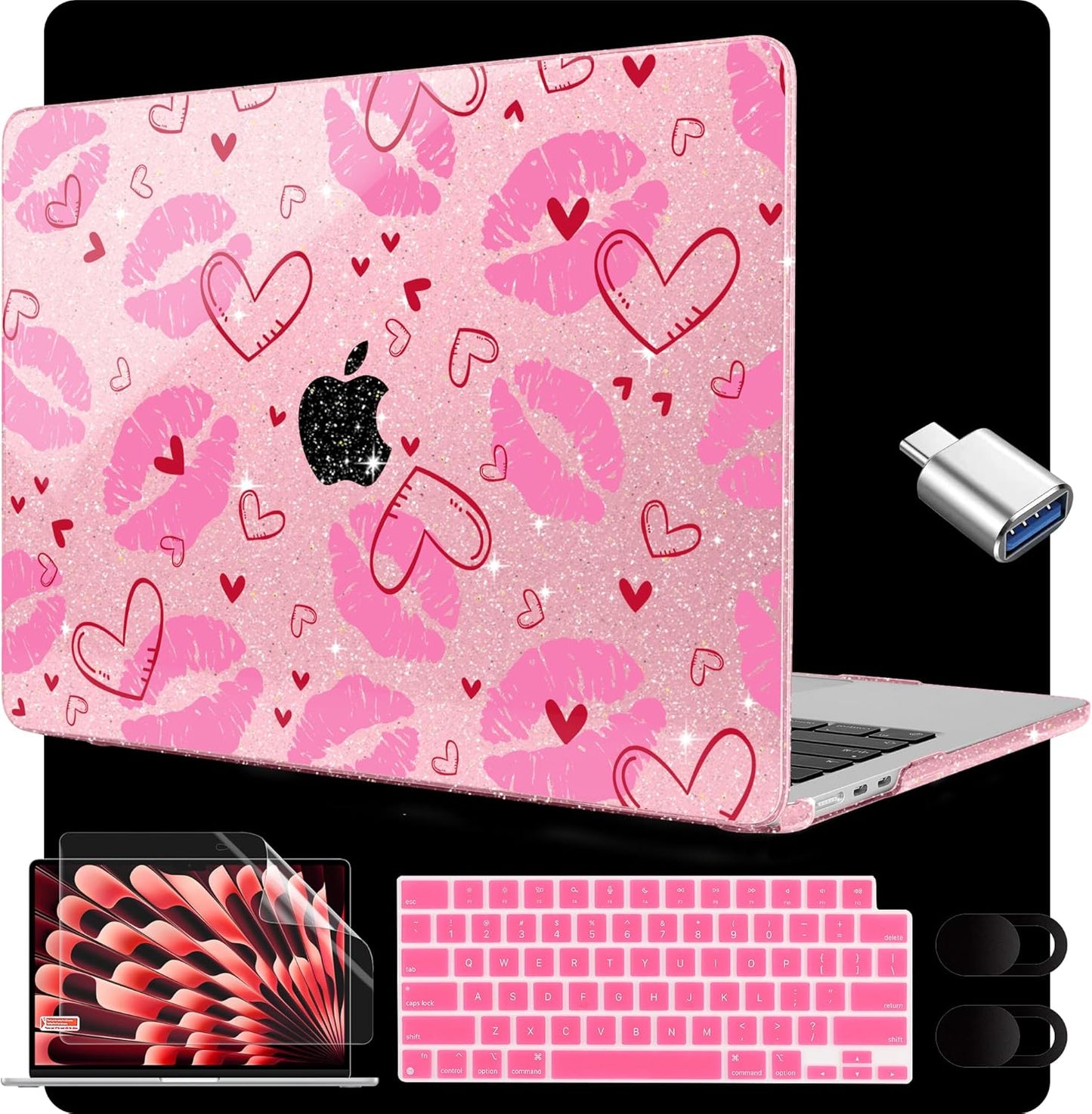 MEEgoodo for M4/M3/M2 MacBook Air 15.3 inch Case 2025 2024 2023, Case Fit Model (A3241/A3114/A2941) for MacBook Air 15 inch, Laptop Hard Shell with Keyboard Cover, Cute Kiss & Love