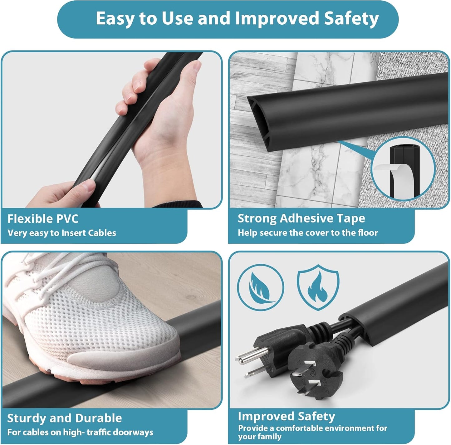 Cord Hider Floor, 3FT, Grey Cord Cover Floor, Cord Protector Floor Extension Cable Cover, Soft PVC Wire Covers - Cable Management Hide Cords on Floor - Cord Cavity: 0.7" (W) x 0.4"(H)