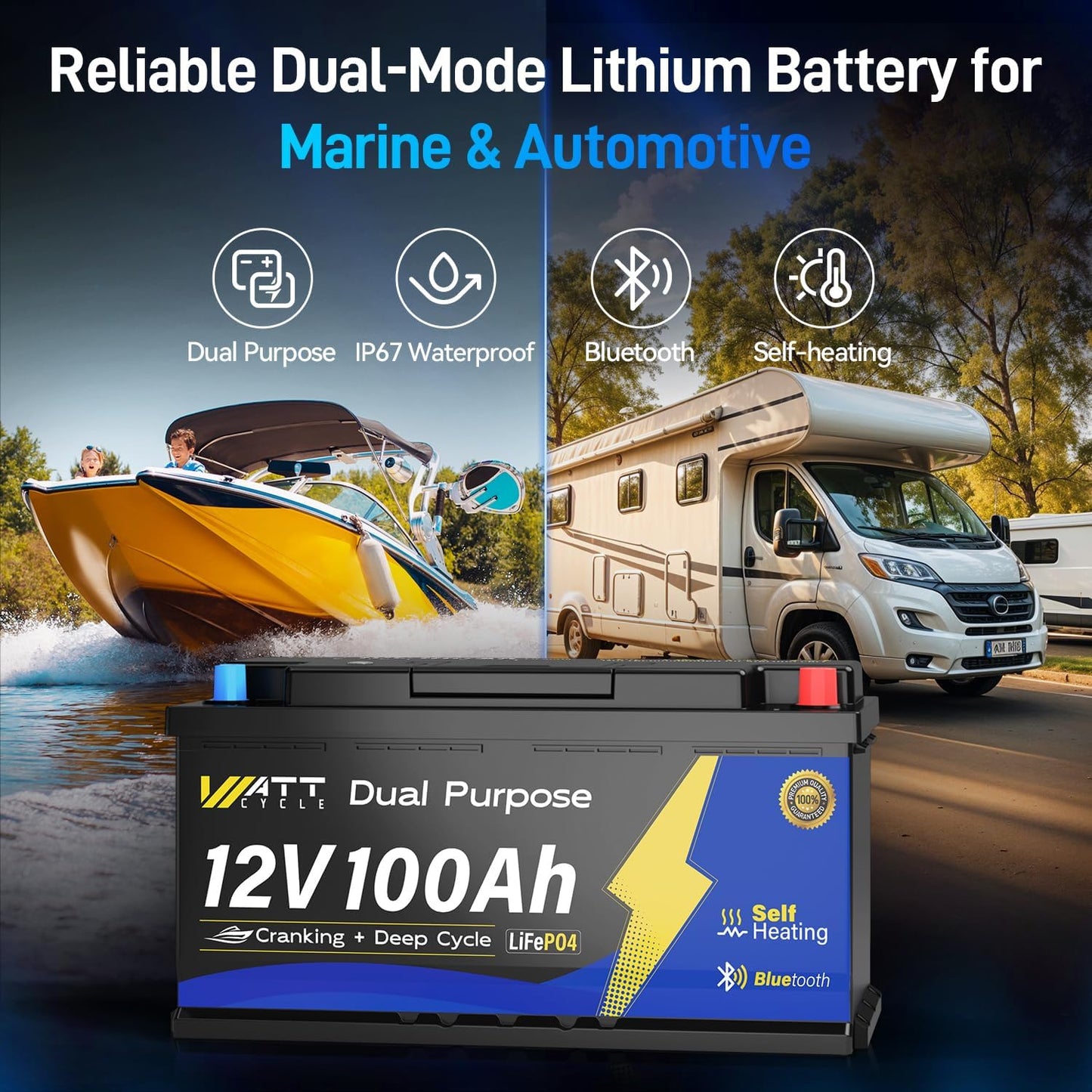 12V 100Ah Bluetooth LiFePO4 Battery, [Cranking &Deep Cycle] Lithium Battery with Self-Heating, Built-in 200A BMS, Perfect for Trolling Motor, RV, Marine, Boat(2 Pack)