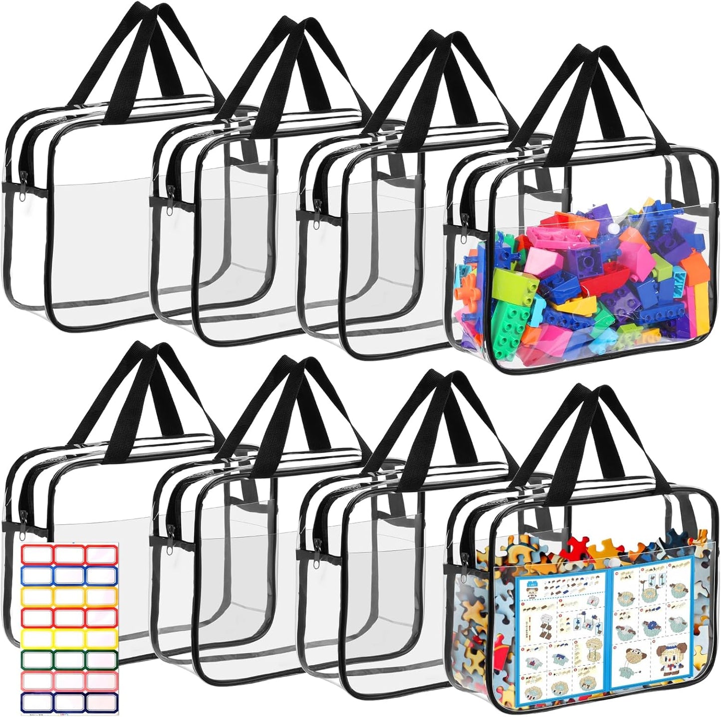 8 Packs Large Toy Storage Bags with Labels&Manual Pocket, Reusable Clear PVC Board Game Storage Bags, Travel Waterproof Organizer Bags with Zipper for Building Blocks, Puzzle, Cosmetic