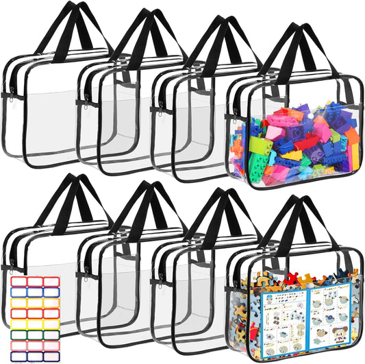 8 Packs Large Toy Storage Bags with Labels&Manual Pocket, Reusable Clear PVC Board Game Storage Bags, Travel Waterproof Organizer Bags with Zipper for Building Blocks, Puzzle, Cosmetic