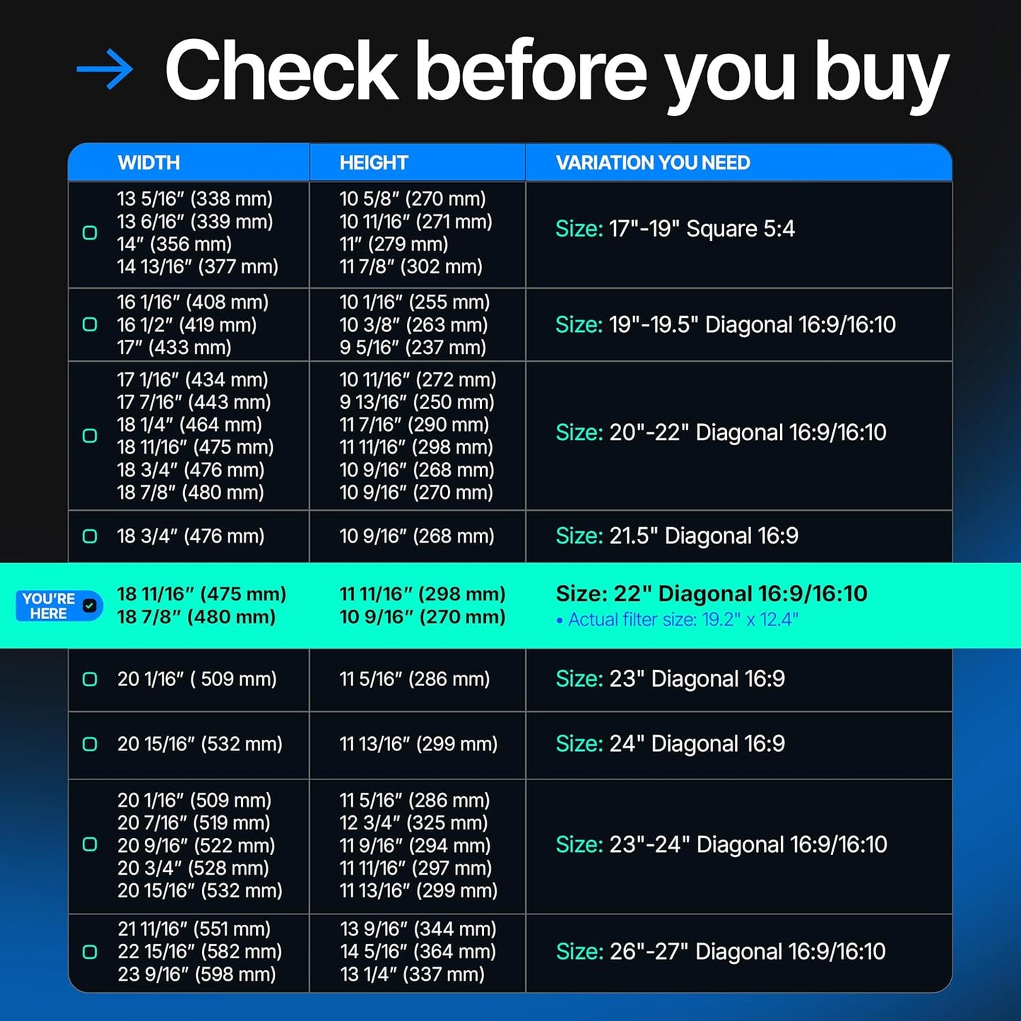 Acrylic 22 Inch Computer Privacy Screen Filter for Widescreen Computer Monitors - 19.3" x 12.5" (490 x 317mm) - Monitor Frame Hanging Type