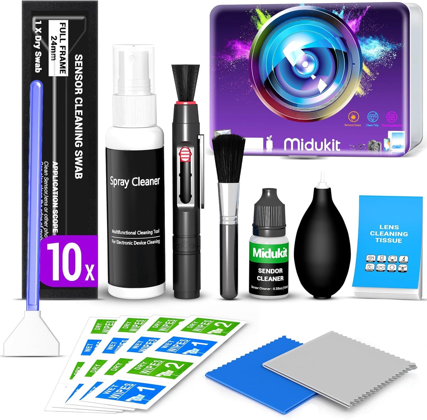 Updated Camera Lens and Sensor Cleaning Kit for Full Frame DSLR - 10x Swabs, Cleaner, and Essentials for Canon, Nikon, Sony