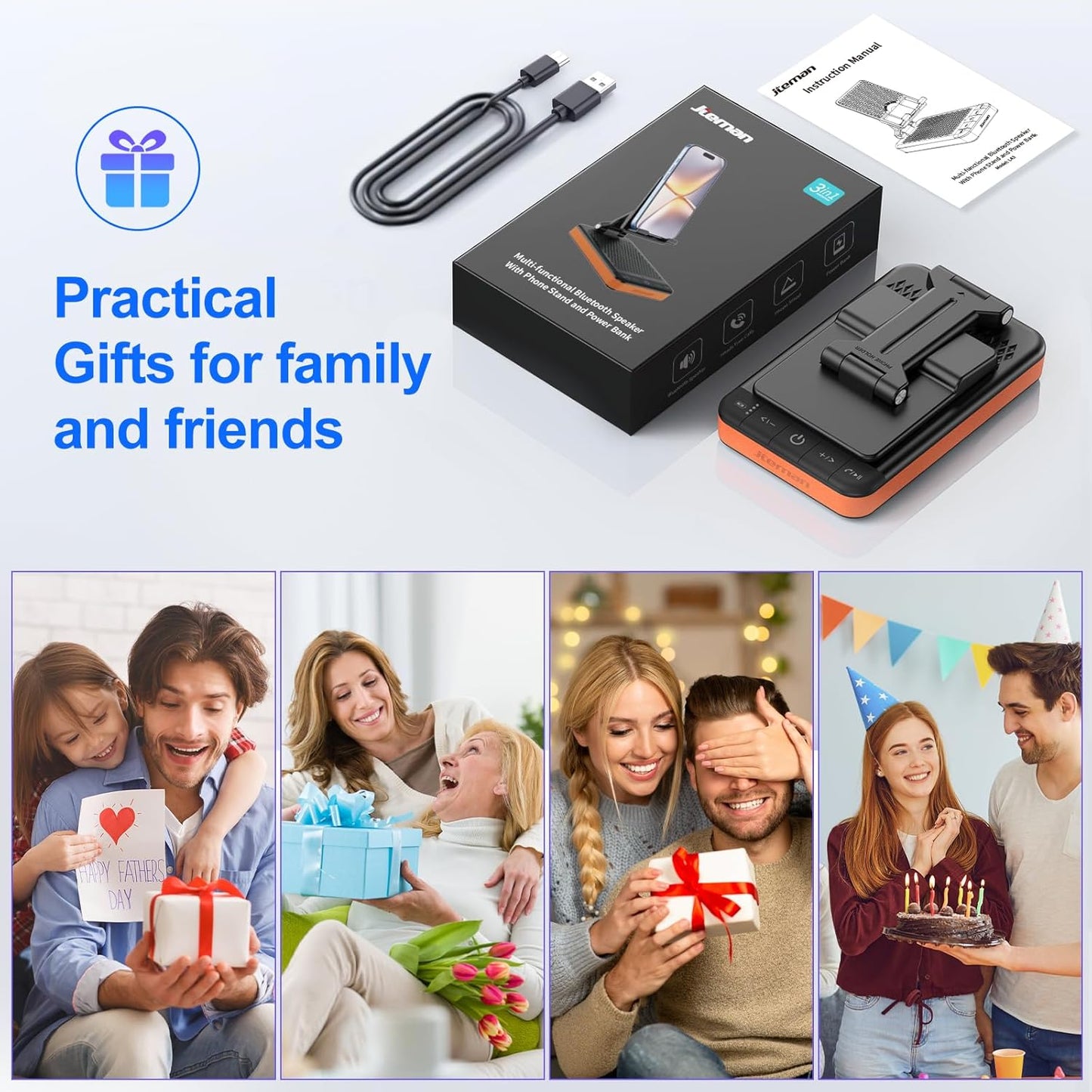 JTEMAN Bluetooth Speaker Phone Stand with Power Bank,Portable Foldable Charging Speaker Stand,Birthday Gifts for Men and Women Tech Gadgets