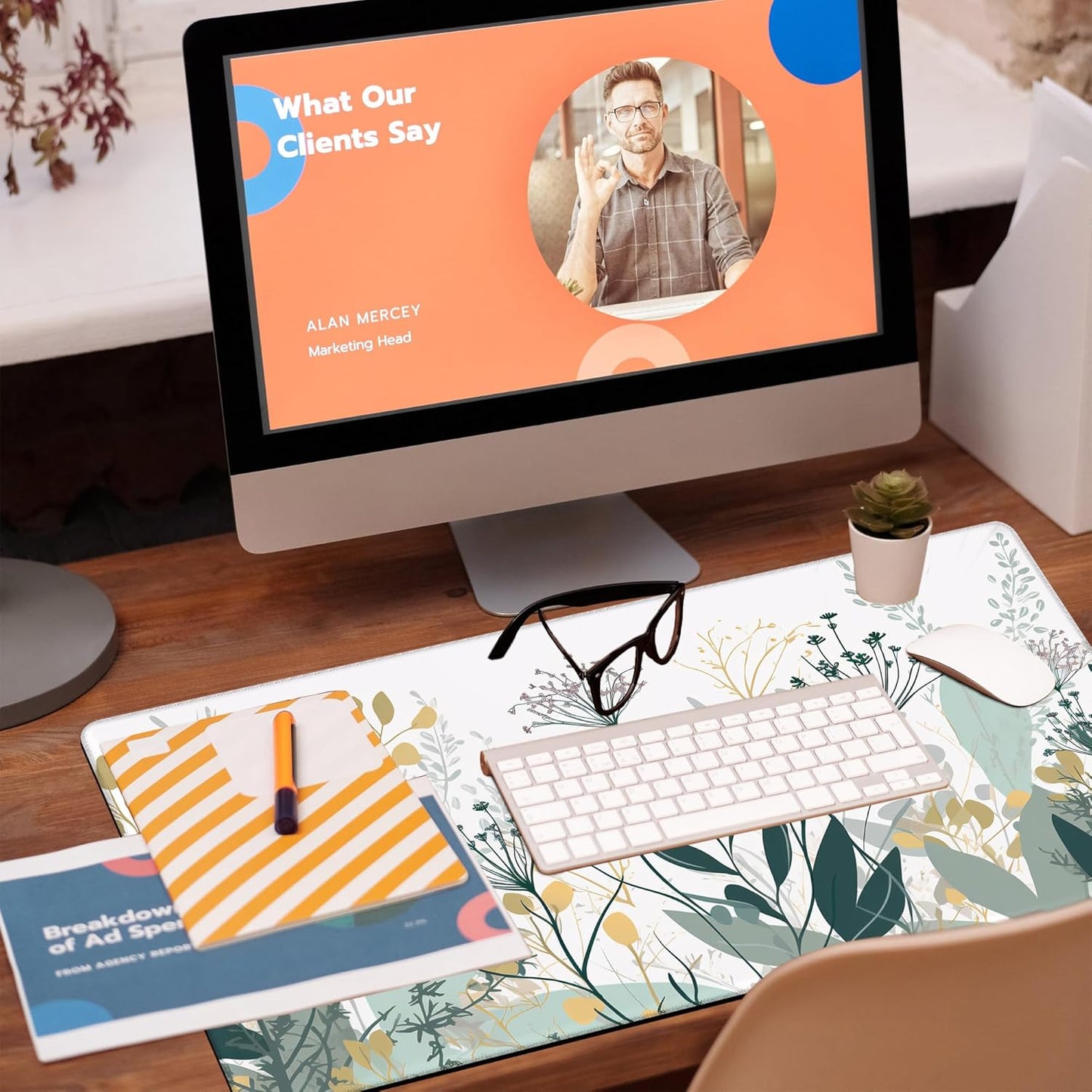 Desk Mat, Green Gold Plant Leaves Desk Pad, Wildflowers Large Gaming Mouse Pad for Desk, 31.5"x15.7" Extended Big Computer Keyboard Mouse Pad with Non-Slip Base and Stitched Edge