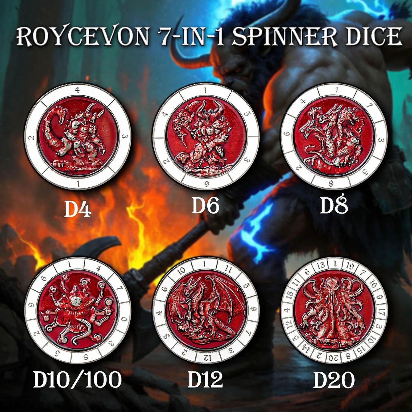 7 in 1 D6 Spinner DND Dice Set D&D, Metal Cube D and D Dice with Gift Box, Dungeons Dragons Role Playing Dice, Black Red