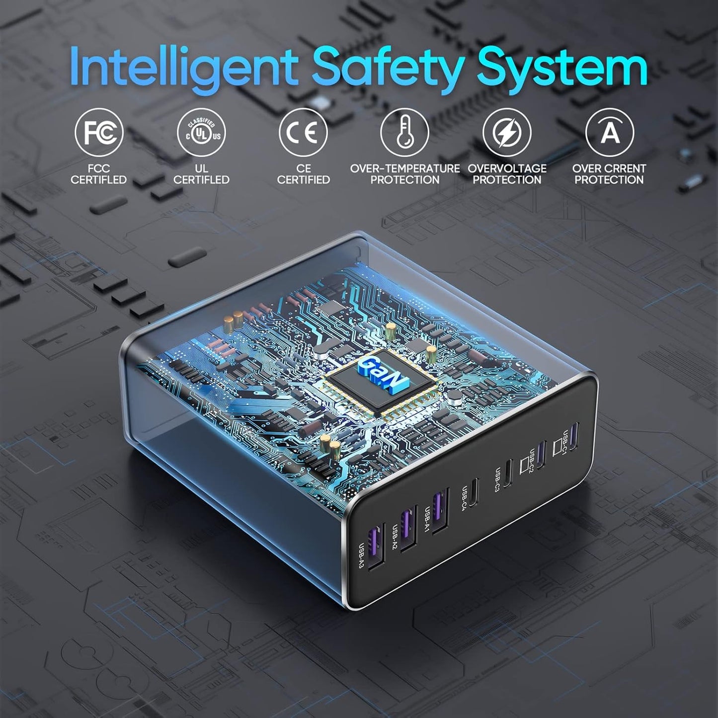 Aluminum Alloy 220W USB C Charger 7 Port Fast Charging Station,65W USB C Laptop Charger Compatible with MacBook Pro/Air (Black)