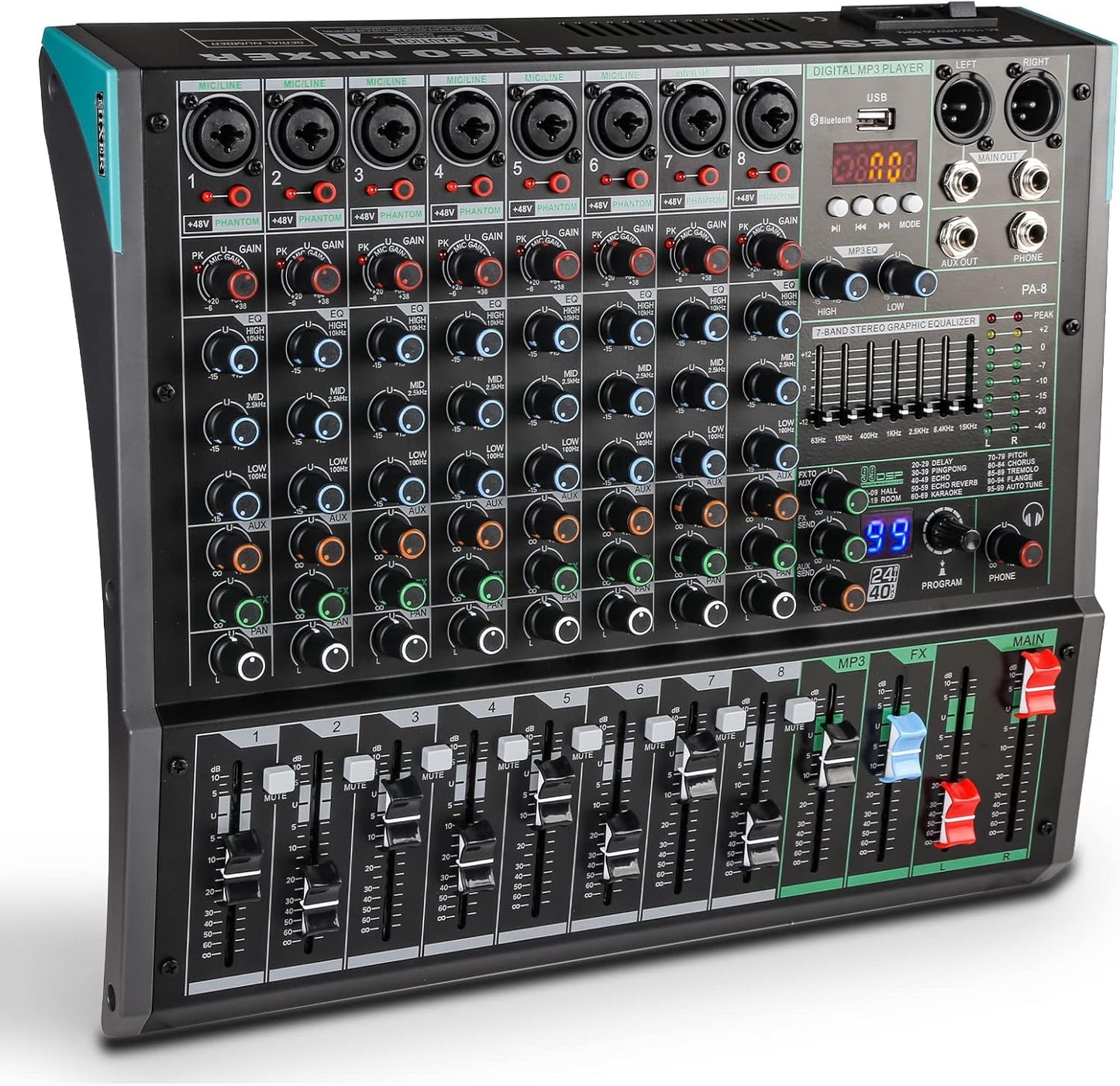 8 Channel Dj Mixer, Dj Board for Pa Stage systems with 99 Kinds of DPS Digital Effects,Echo+Delay Effect,Mic/Line XLR+6.35mm Input, AUX, Usb,MP3 Player,Recording Headphone Jack,PA-8