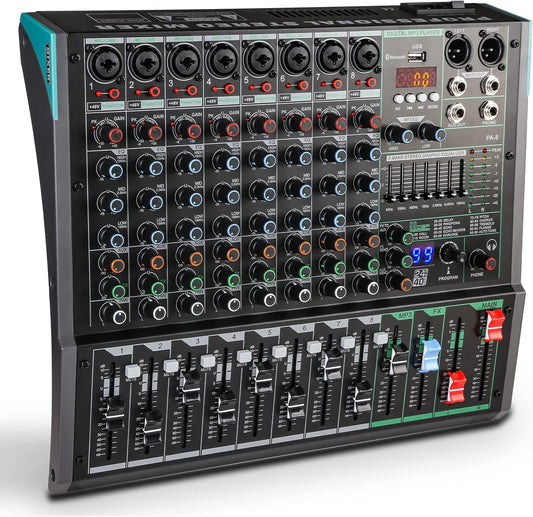 8 Channel Dj Mixer, Dj Board for Pa Stage systems with 99 Kinds of DPS Digital Effects,Echo+Delay Effect,Mic/Line XLR+6.35mm Input, AUX, Usb,MP3 Player,Recording Headphone Jack,PA-8