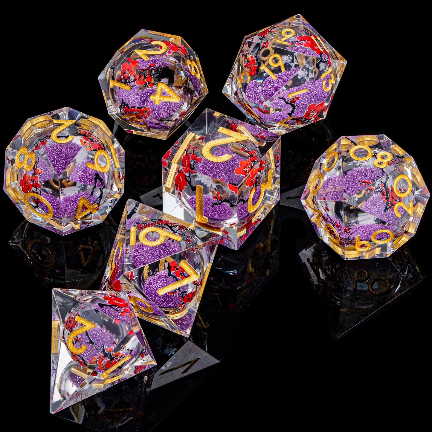 ARUOHHA DND Resin Dice Plum Blossom Liquid Core Purple Sharp Edged Polyhedral Dragons Dice Set with Gift Box, Dungeons D and D Dice Role Playing Game D20 D12 D10 D8 D6 D4