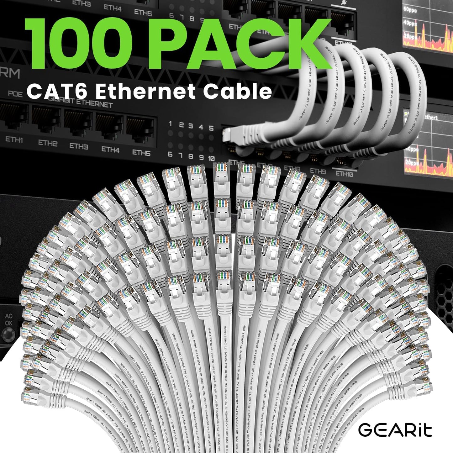GEARit Cat 6 Ethernet Cable (100-Pack 0.5 Feet) Cat6 Network Patch, 10Gbps, RJ45, Snagless Cord, Gold-Plated Connectors, Internet for PC, TV, Tablet, Router, Printer, Servers, IT Data Center - White