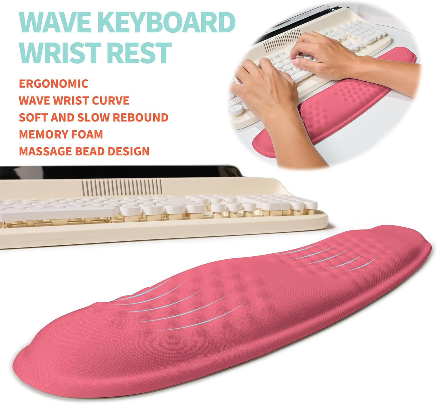 2-in-1 Ergonomic Set, Wave Rise Keyboard Wrist Rest and Massage Bulge Slope Mouse Pad Wrist Support, Cushion Memory Foam Integrated to Relieve Wrist Pain, Muskmelon Pink