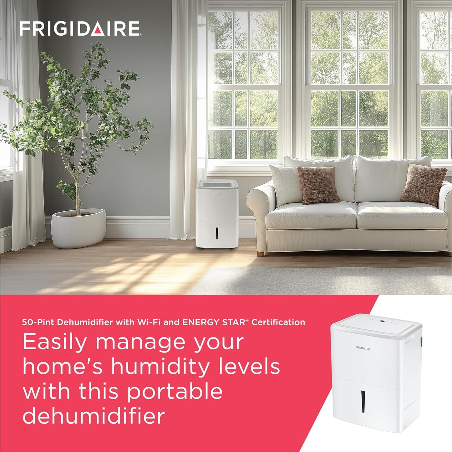 Frigidaire 50-Pint Portable Dehumidifier with Wi-Fi and Energy Star Certification for Medium/Large Rooms & Basements, Custom Humidity Control, Auto Shut Off, White