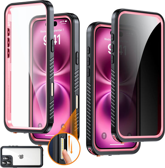 for iPhone 16 Pro Max Case Waterproof, Built-in Privacy Screen & HD Screen Double Front Frame [IP68 Underwater] Shockproof Dustproof Full Body Protection iPhone 16 Pro Max Phone Case Pink