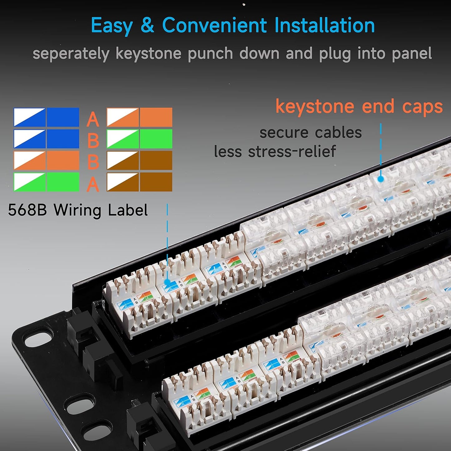 Cat6 Patch Panel 48 Port with Keystone, RJ45 Network Panel 19 Inch, Punch Down Keystone Ethernet Patch Panel with Back Bar