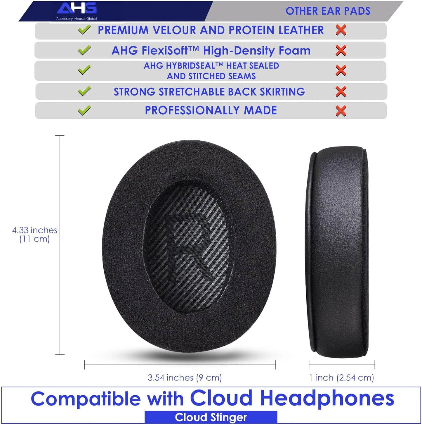 AHG Upgrade Replacement Hybrid Cloud Stinger Ear Pads Cushions and Headband Cover. Compatible with Kingston HyperX Cloud Stinger Headset. Premium Protein Leather and Velour | Thick AHG FlexiSoft Foam