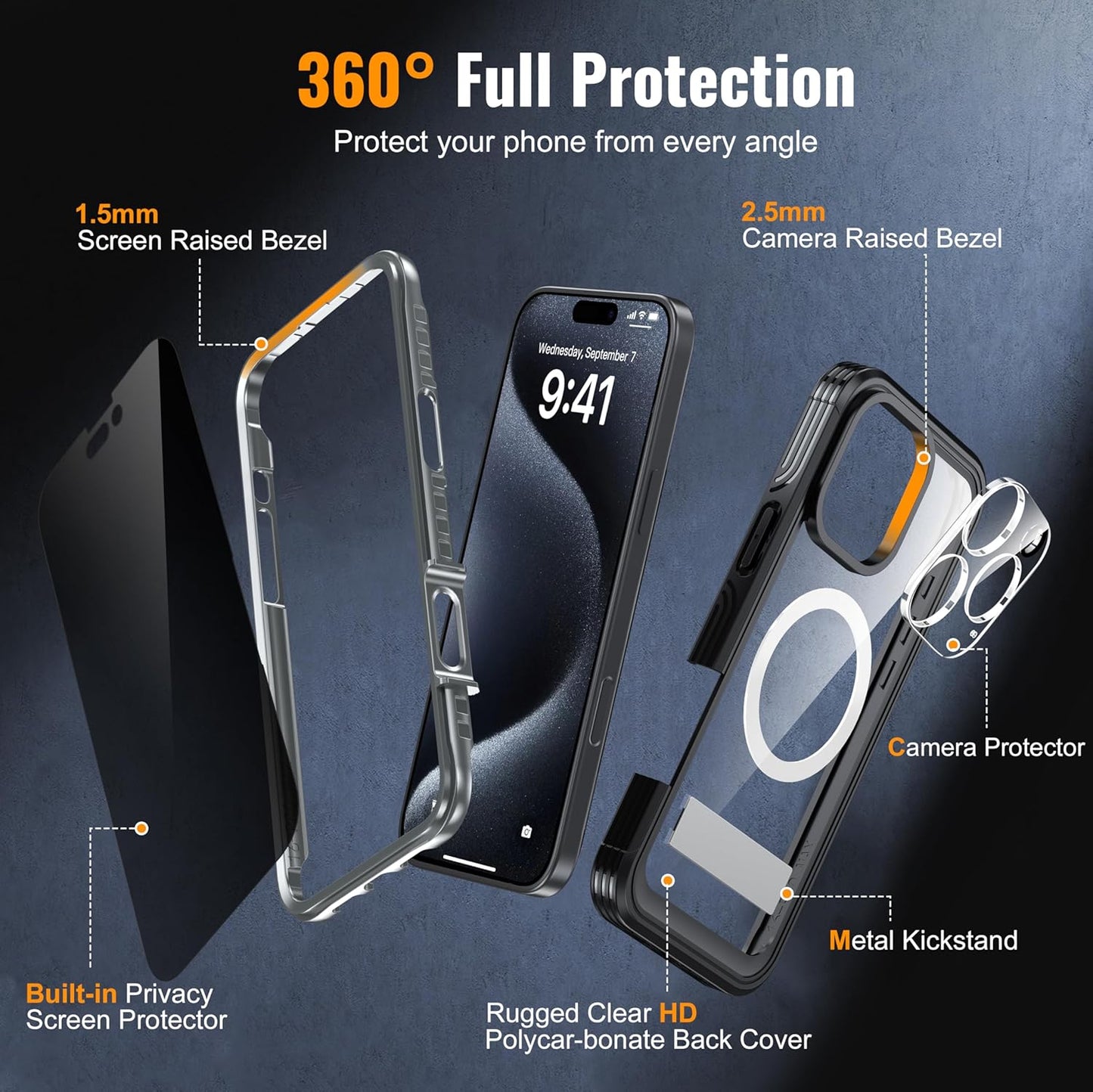 360° Protection Magnetic for iPhone 16 Pro Case Built-in 9H Privacy Screen Protector & Metal Stand[Fit for Magsafe][Anti-Spy][Lens Protector] Heavy Duty Shockproof Phone Case for iPhone 16 Pro