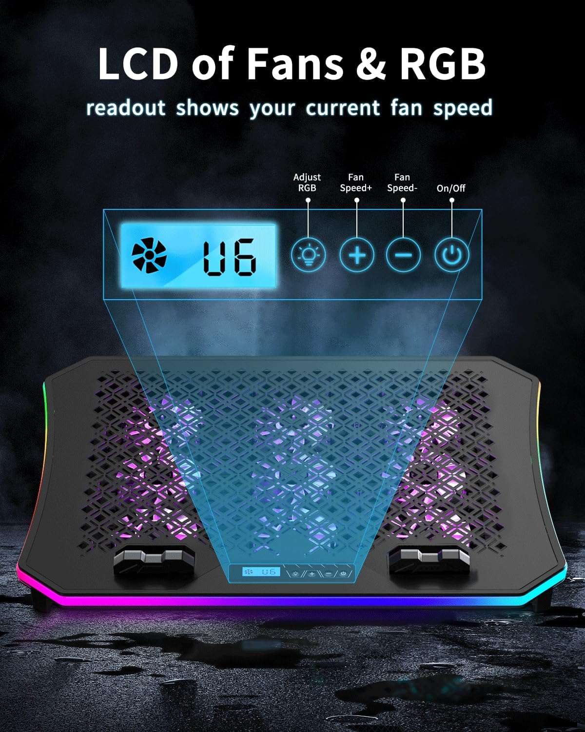 KeiBn Laptop Cooling Pad, Gaming Laptop Fan Cooling Pad with 9 Quiet Fans, RGB Laptop Cooler for 15.6-17.3 Inch, Cooling Pad for Laptop with 7 Height Stands, 2 USB Ports, Phone Stand-Purple