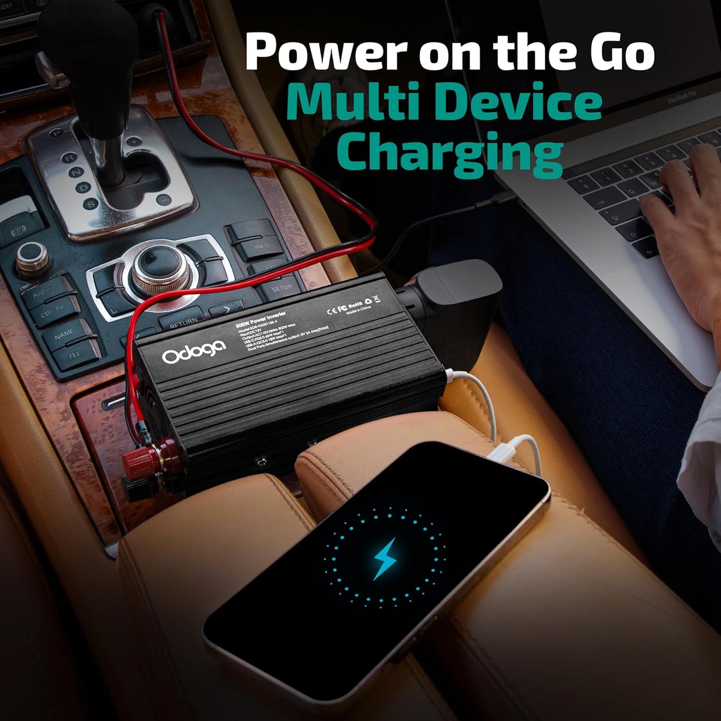 500W Car Power Inverter 12v to 110v – Car Adapter for Plug Outlet, DC to AC Converter, USB/USB-C Fast Charger for Laptop, Phone, Dual AC – for Vehicle, Pickup Truck, Roadtrip, Camping by Odoga