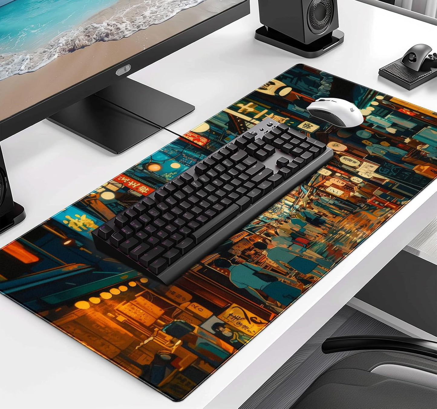Cute Japanese Street Desk Mat, Anime Tokyo Street Night Scene Large Mouse Mat XXL, Computer Desk Mat 35.4 x 15.7 x 0.12 Inches