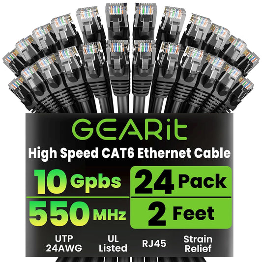 GearIT Cat 6 Ethernet Cable Pack - 24-Pack 2 ft Cat6 Ethernet Patch Cables | RJ45 Network Patch Cable, 10 Gbps Snagless Gold-Plated Connectors - Ethernet Cable Cat 6 for PC, TV, Router - Black