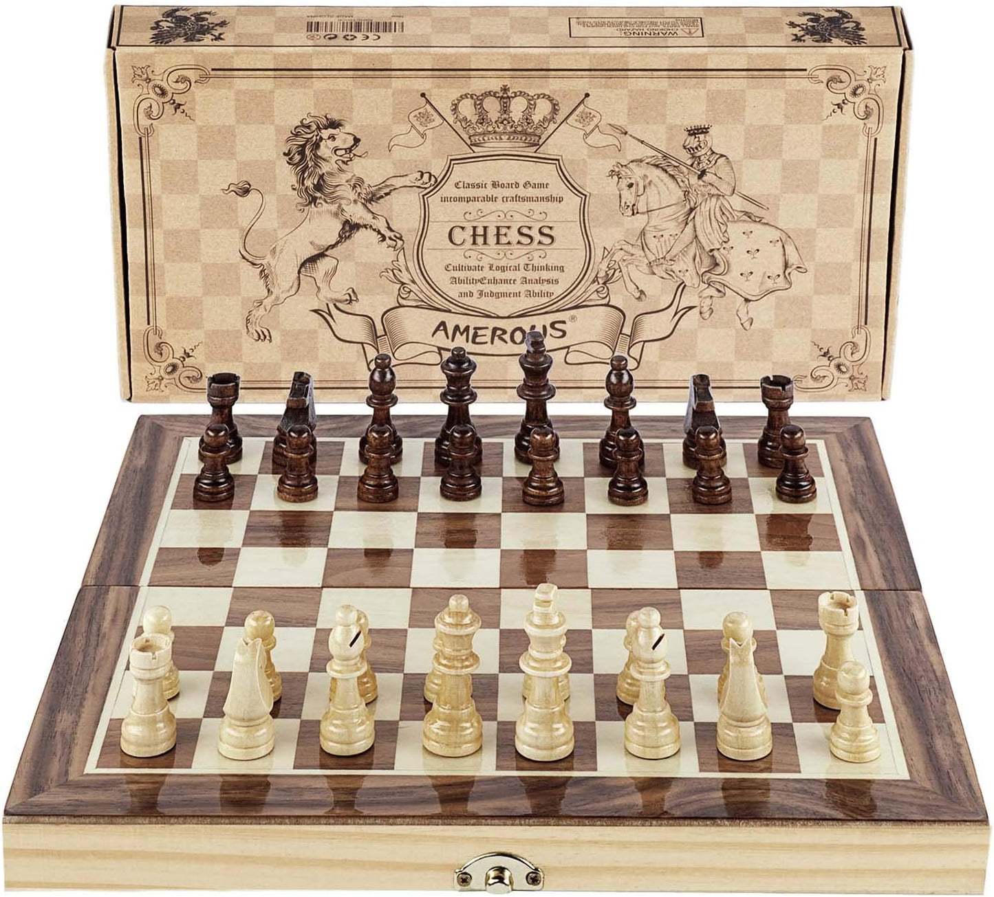 Amerous Chess Set, 12"x12" Folding Wooden Standard Travel International Chess Board Game Set with Magnetic Crafted Pieces For 2 Players