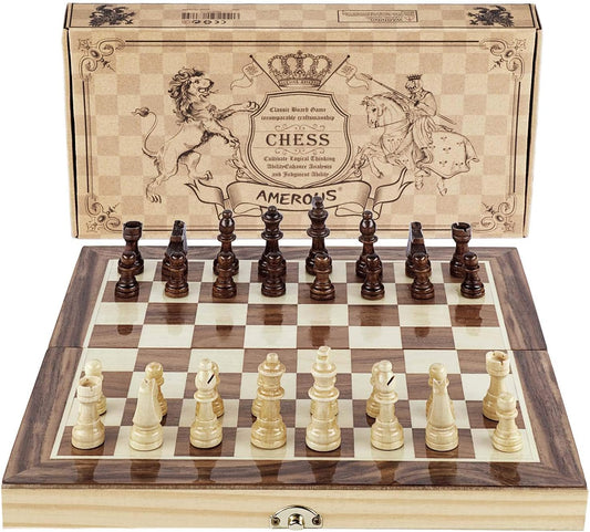Amerous Chess Set, 12"x12" Folding Wooden Standard Travel International Chess Board Game Set with Magnetic Crafted Pieces For 2 Players