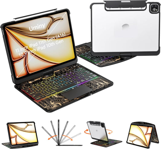 iPad Keyboard Case for iPad 10th Gen (2022) & 11th (A16, 2025), Magic Wireless Keyboard with Trackpad 7 Color Backlit, 360° Rotating Stand Transparent Protective Cover with Pencil Holder (Black)