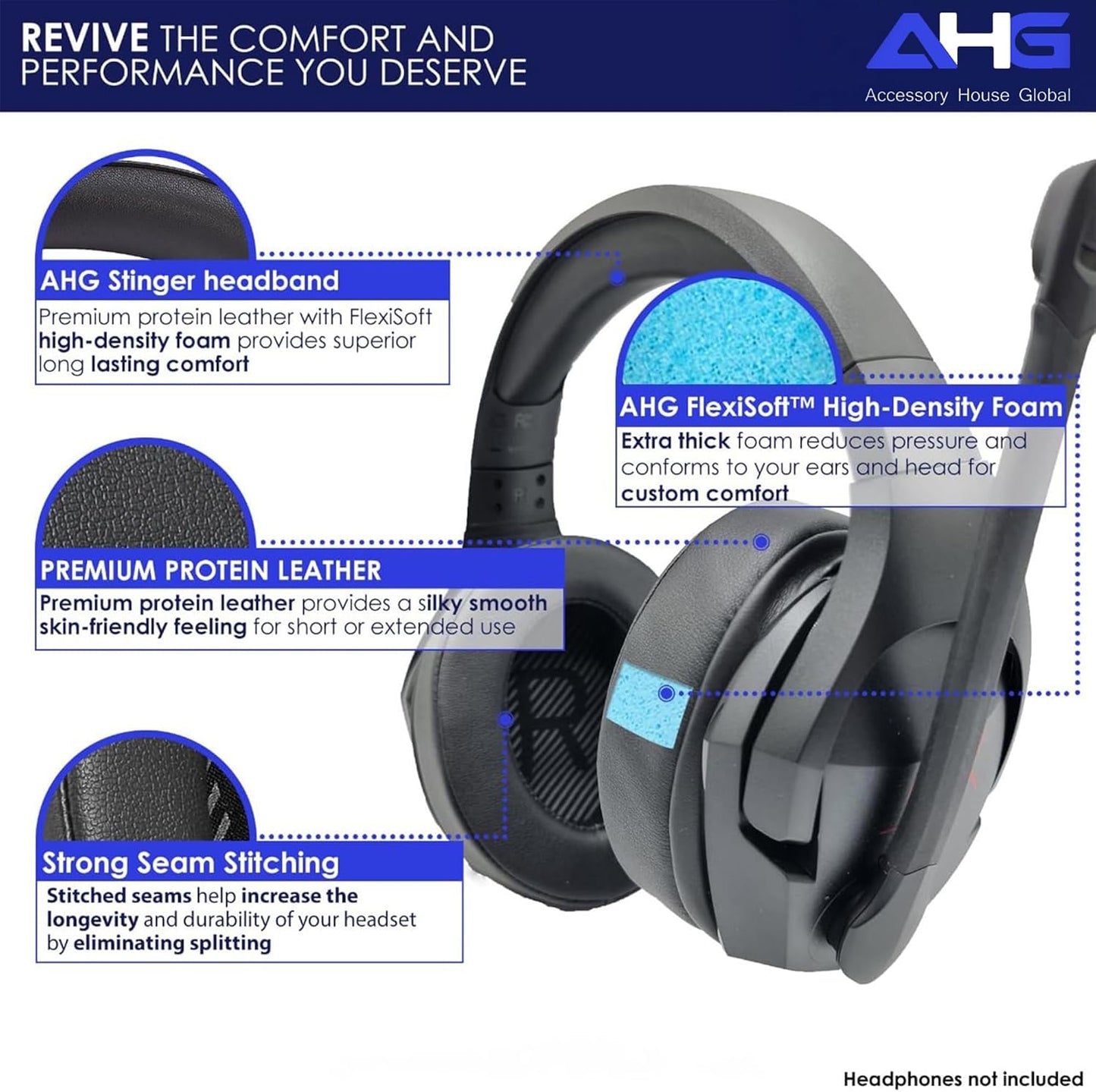 AHG Upgrade Premium Replacement Cloud Stinger Ear Pads Cushions and Headband Cover. Compatible with Kingston HyperX Cloud Stinger Headset. Premium Protein Leather | Extra Thick AHG FlexiSoft Foam