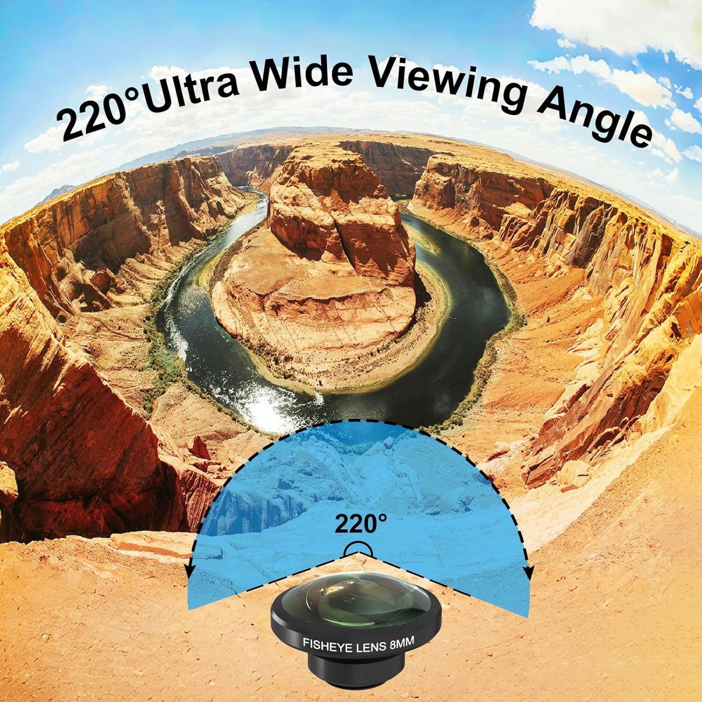8MM 220°Fisheye Lens for iPhone Android Smartphone, Compatible with SmallRig NEEWER Phone Cage, with 17mm Thread Universal Phone Lens Clip and Black Portable Bag