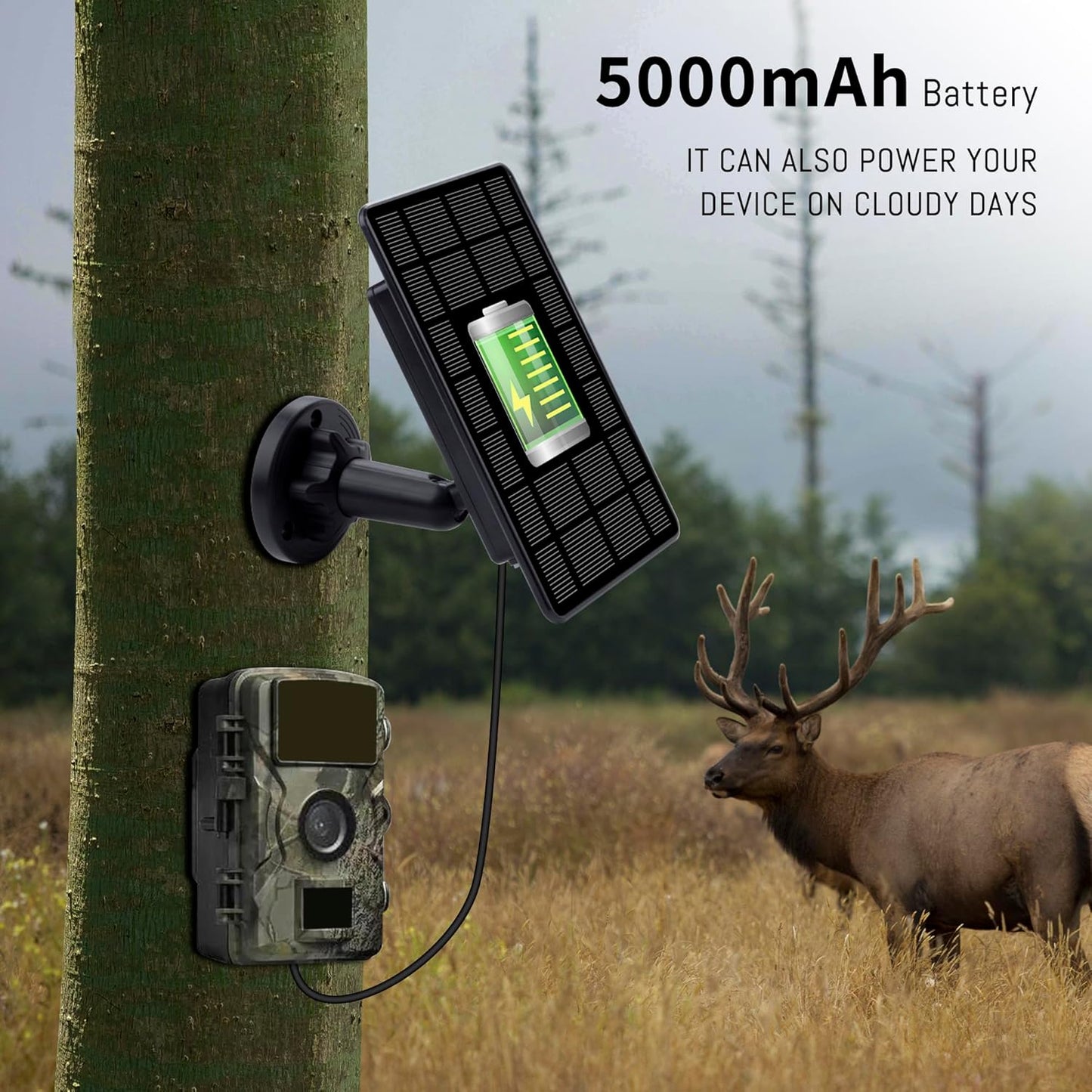3W Trail Camera Solar Panel, with Build-in 5000mAh Rechargeable Lithium Battery Solar Battery Charger Kit for Hunting Game Cameras or Deer Feeder Accessory, 12V/1A 6V/2A IP65 Waterproof Solar Panel