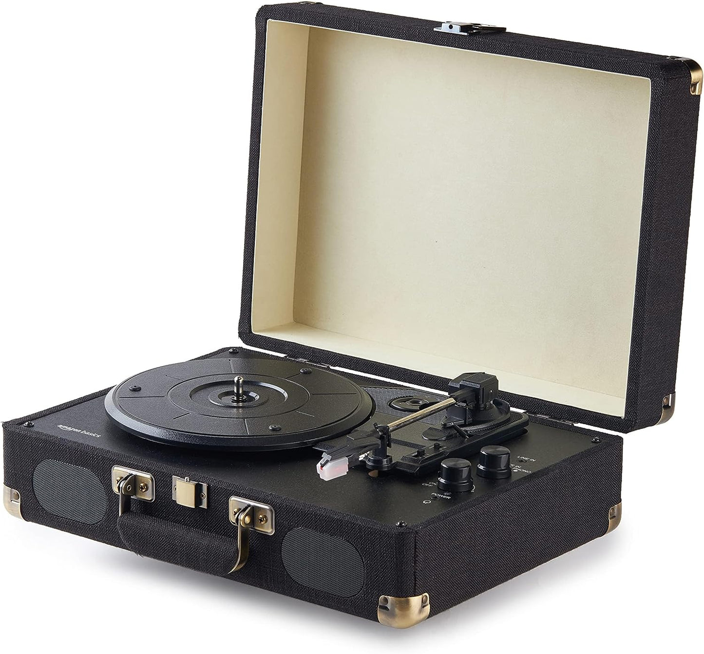 Amazon Basics Portable Suitcase Vinyl Turntable Record Player with Built-in Speakers and Bluetooth, Supports 3-Speed, Black