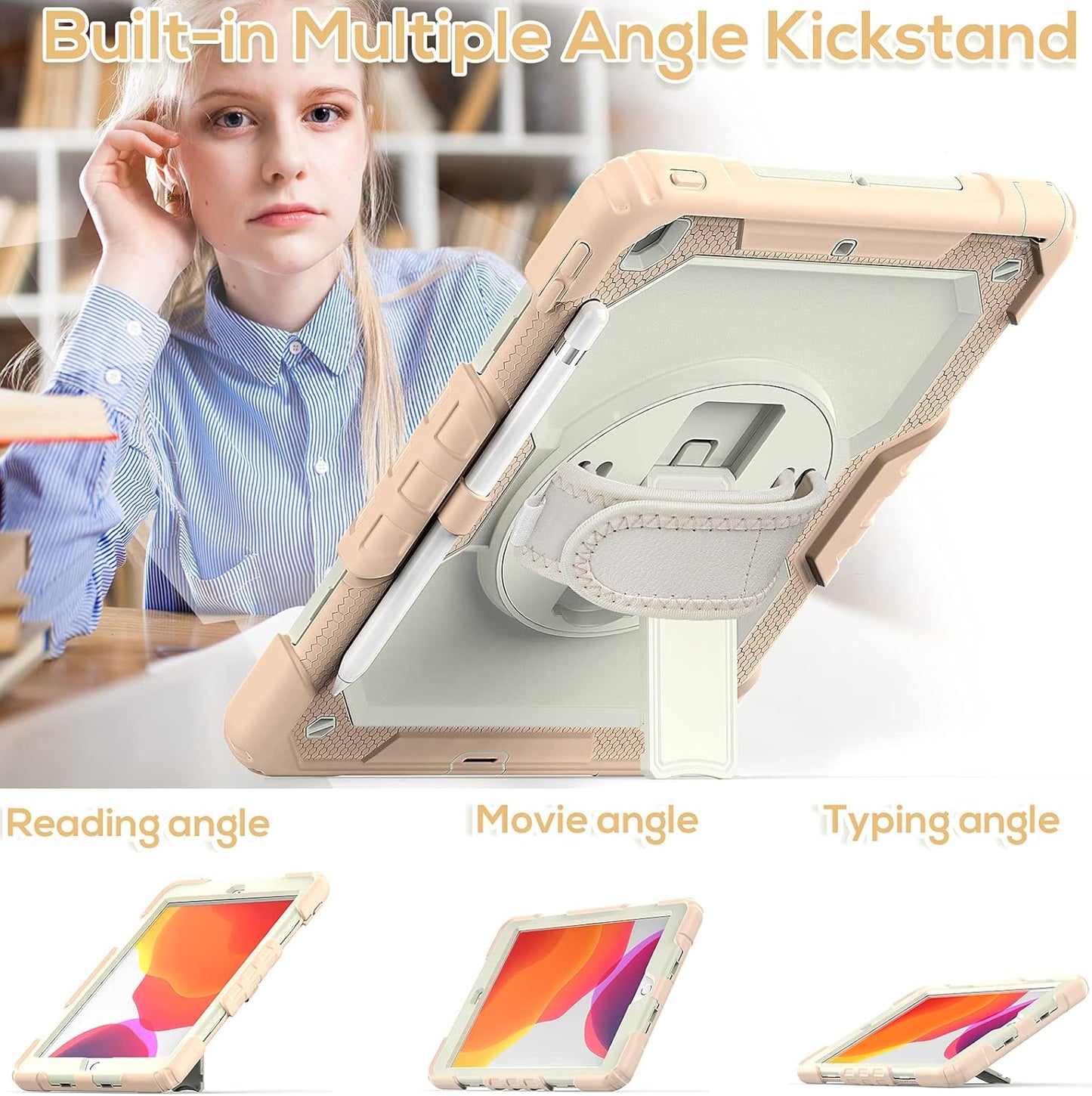 BLOSOMEET Girls Cute Case for iPad 9th Generation 2021 10.2 Inch with Tempered Glass Screen Protector & Pen Holder,KidsProof iPad 8th/7th Gen 2020 2019 Cover w/Kickstand Handle Shoulder Strap,RoseGold