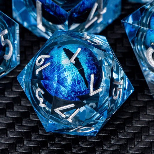 ARUOHHA DND Resin Dice Dragon Eye Dice Liquid Core Blue Sharp Edged Dice Set with Gift Box, Dungeons Polyhedral D and D Dice Set Compatible with D&D Role Playing Game D20 D12 D10 D8 D6 D4